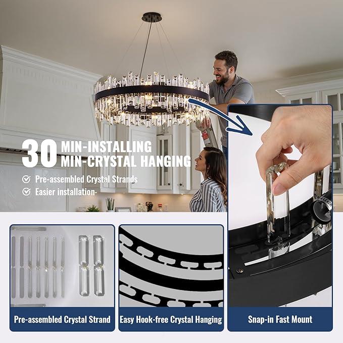 Modern Crystal Chandelier for Dining Room,16-Light Black Round Chandelier, 31.5-inch K9 Crystal Raindrop Ceiling Light, Luxury Flush Mount Light Fixture for Kitchen Living Room