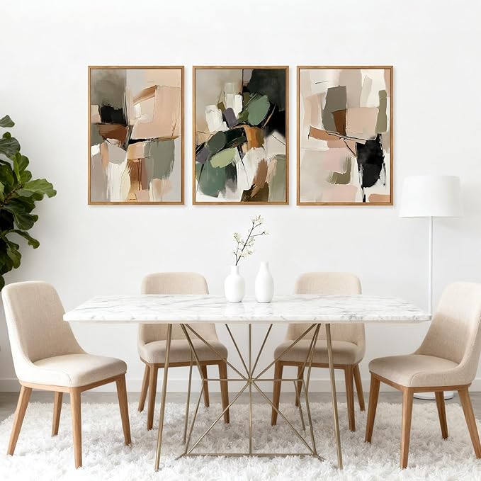 CHDITB Modern Abstract Framed Canvas Wall Art Set, Minimalist Wall Decor, Neutral Pastel Illustration Artwork Vintage Aesthetics Painting, Large 3 Piece Art Prints for Living Room, Bedroom 24"x36"x3