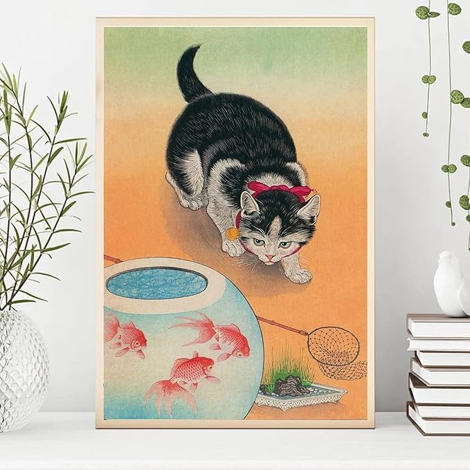 OZCONO Japanese Cat and Goldfish Art Print, Gallery Quality Giclée, UV-Resistant Inks, Vintage Asian Wall Decor (11L x 9W)