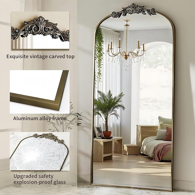 Arched Full Length Mirror, 71"x28" Full Body Mirrors with Carved, Floor Mirror for HomeDecor, Standing/Halling Large Wall Mirror for Bedroom, Living Room, Cloakroom, Bronze, Retro Style