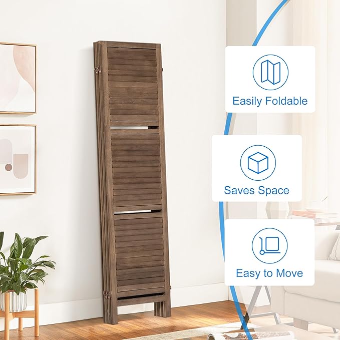 2 PCS Room Dividers 5.6FT Louvered Design 6 Panel Room Dividers with Display Shelves Folding Privacy Screens Portable Freestanding Partition Wall Dividers for Bedroom, Dark Brown