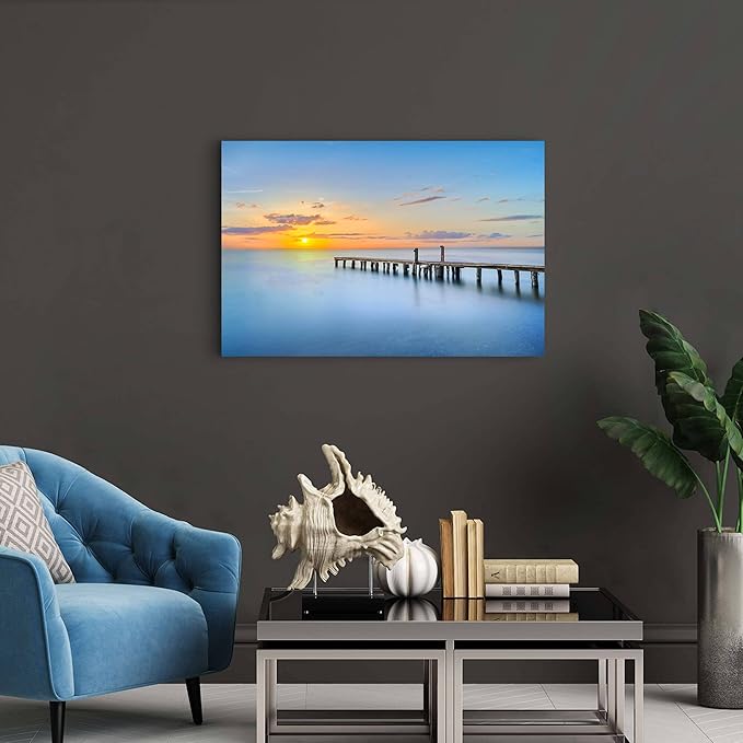 Ocean Canvas Wall Art Bathroom: Sea Sunset Picture Seascape Scene Dock Print Artwork Beach Coastal Pier Painting for Living Room Home Decorations 36 x 24 Inch
