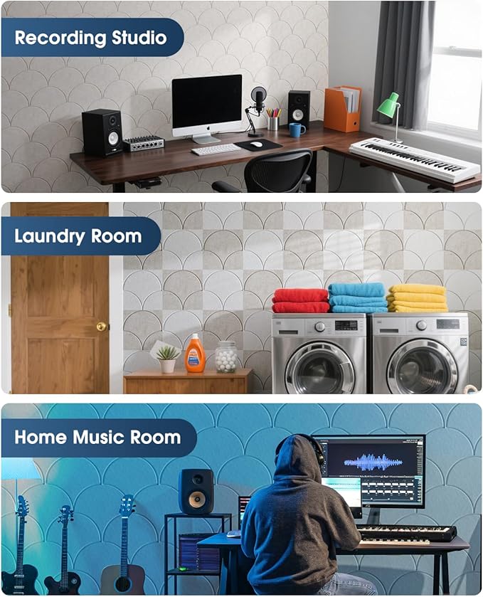 12 Pack Sound Proof Foam Panels for Walls，Self-Adhesive Acoustic Panels, 12" X 12" X 0.4" Sound Proof Panels for Walls，Door, Ceiling, Home Office Beige