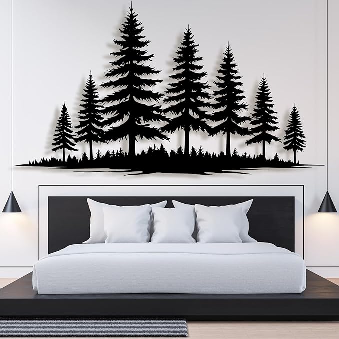 lunwall Metal Pine Tree Wall Art, Metal Forest Wall Art, Pine Branch Wall Decor, Christmas Tree Wall Decor, Forest Wall Hanging, Nature Lover Gift (Style 2, 35" W x 20" H / 90 x 51 cm)