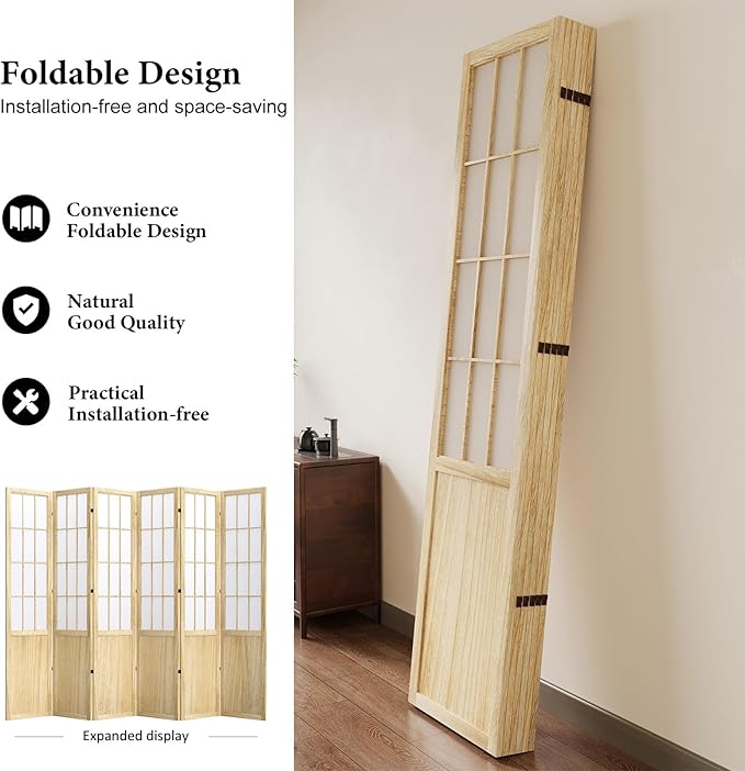 5.6FT Room Divider and Folding Portable Partition Screen, Chinese Japanese Shoji Style for Room Separation - 6 Panel (Natural)