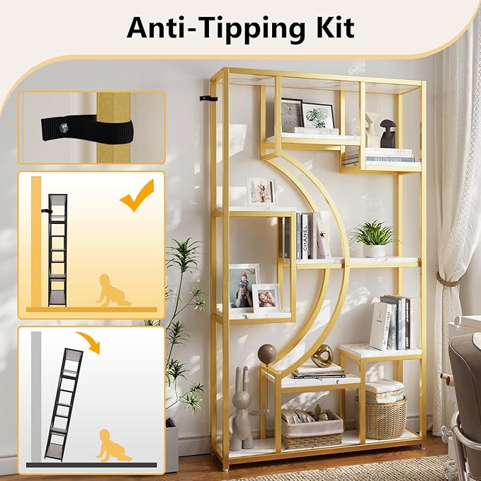 Modern Book Shelf, White and Gold Bookshelf, 70.8 Inch Tall Etagere Bookcase, Set of 2 Geometric Display Shelves for Living Room, Bookcases/Bookshelf with Metal Frame for Home Office