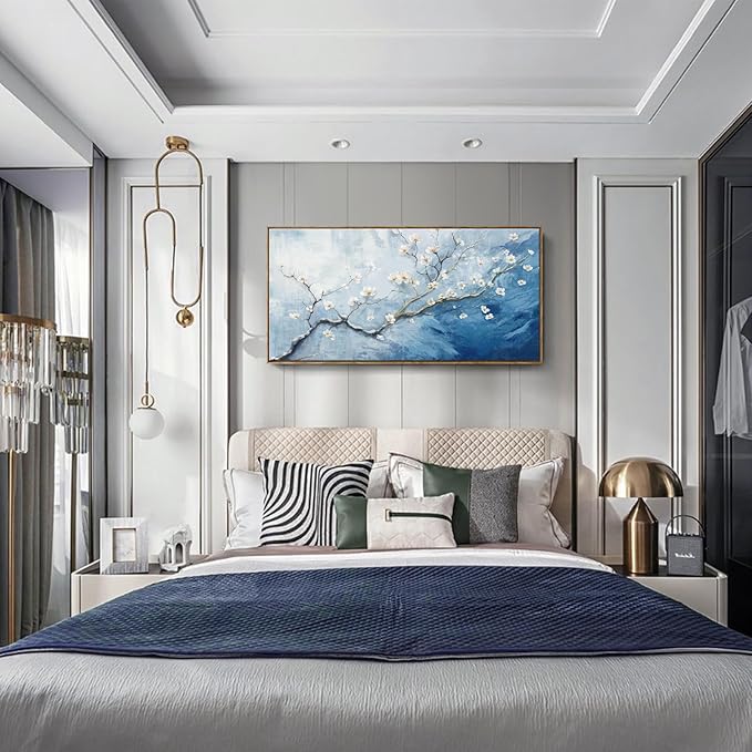 Nicetop Framed Wall Art for Living Room - Large Plum Blossom Canvas Art Prints with Wood Frame - Blue and White Artwork Abstract Ocean Wall Picture Bedroom Office Dining Room Coastal Decor 48x24 Inch