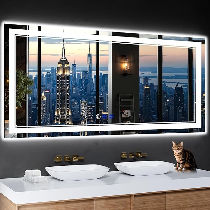 60"x28" LED Bathroom Mirror with Anti-Fog, Stepless Dimmable Lights, 3 Color Modes, Shatter-Proof Tempered Glass, Memory Function & Waterproof Design