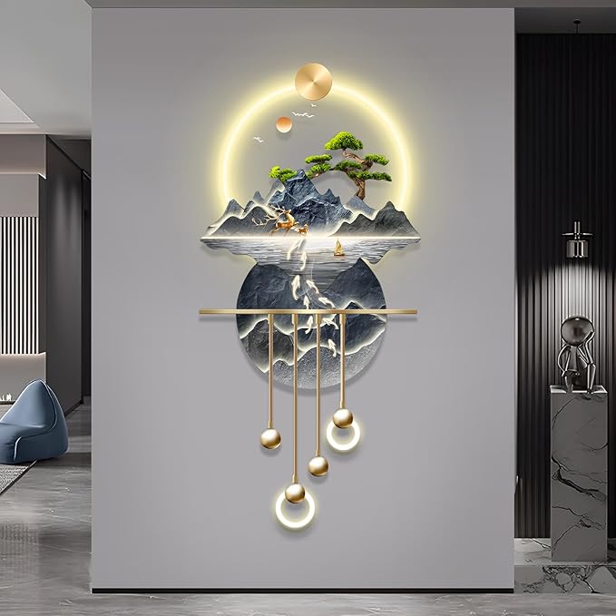 XQDYSG Wall Sculptures 3D Wall Art Decor Landscape Painting Wall Hanging Art with Led Light for Living Room Entrance Corridor (Stylle E)