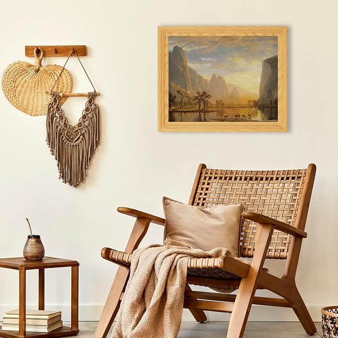 Brivoria Framed Canvas Wall Art Vintage Decor, Majestic Autumn Valley Landscape with Golden Cliffs, Sunset Sky, Reflective Lake and Deer Herd for Dining Room Hallway Office or Nature Display, 13"x16"