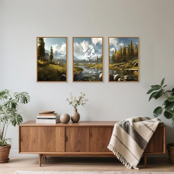 Aryroi Large Watercolor Snow Mountain Framed Canvas Wall Art,Modern River Grassland Wall Decor,Natural Green Forest Artwork,Neutral Wood Landscape Art Print for Living Room,Bedroom,Office- 24"x36"x3