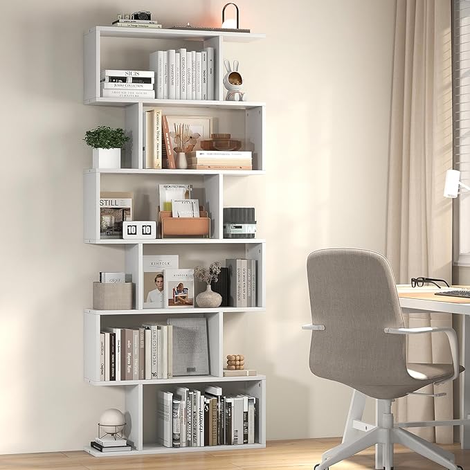 6 Tier Geometric Bookcase, S Shaped Bookshelf, Book Shelf Room Divider, Wood Freestanding Display Shelves, 75 Inch Staggered Bookshelf for Bedroom Living Room (1, White)