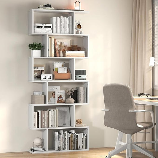 6 Tier Geometric Bookcase, S Shaped Bookshelf, Book Shelf Room Divider, Wood Freestanding Display Shelves, 75 Inch Staggered Bookshelf for Bedroom Living Room (1, White)