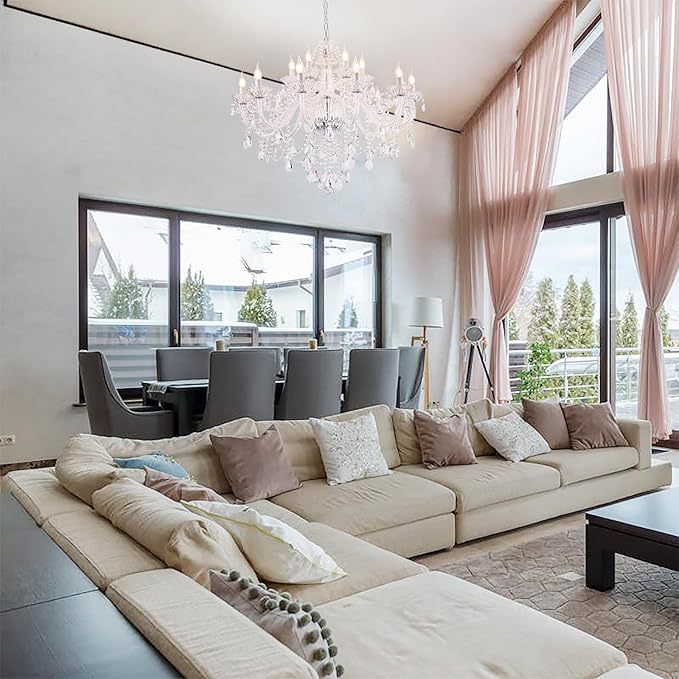 18-Light Double Layer Crystal Chandelier Transparent Modern Ceiling Pendant Light with K9 Crystal for Living Room Dining Room Bedroom Kitchen (Clear 18)