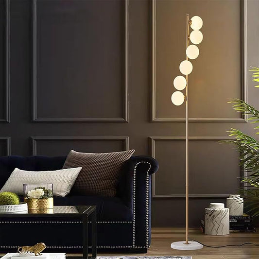 NKU Mid Century Floor Lamp Unique Glass lamp with Foot Switch, Modern Standing Tall Lamp for Living Room 3 Color Temperatures 6 Globe Floor Lighting for Bedroom Office（Gold）