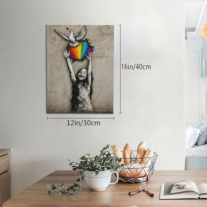 Banksy Street Graffiti Wall Art Rainbow Canvas Wall Decor Love And Peace Pictures Paintings Prints Artwork Framed Modern Decorations For Bedroom Bathroom Office Living Room Gifts 12" x 16"