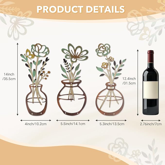 Mcdagogn 3 Pieces Metal Flowers Wall Decor - Rustic Farmhouse Wall Arts, Boho floral Minimalist Wall Decor for Living room Bathroom Bedroom laundry Room Kitchen Office - Housewarming Gifts