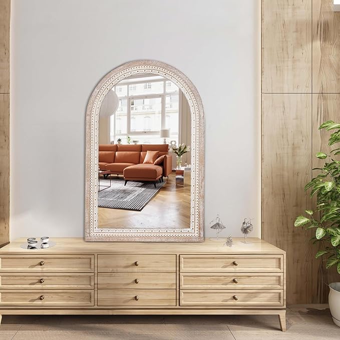 36x24'' Farmhouse Arched Decorative Wall Mirror, Farmhouse Wooden Mirrors with Beaded for Living Room, Hallway, Bathroom, Entryway - Vertical/Horizontal