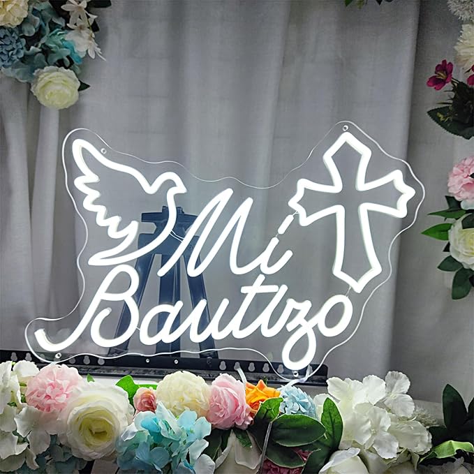 Mi Bautizo Neon Sign, 21.6 * 14 inches, Cold White, Perfect For Children's Birthday Decoration, Baptism Party, Bedroom, Birthday Party, Christmas