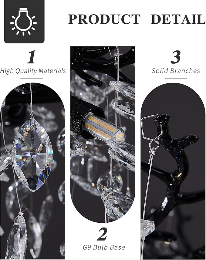 Modern Crystal Chandelier for Dining Room, 16-Light 55.12" Black Tree Branch Chandeliers, Luxury K9 Crystal Rectangular Chandeliers for Kitchen Island Living Room