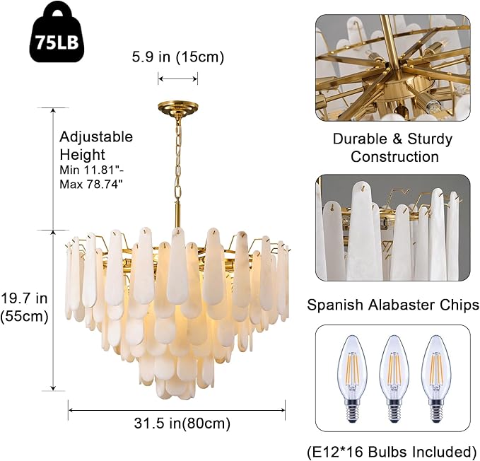 Alabaster Chandelier, D31.5 in Modern Feathery Round Chandelier, 6-Tiers Luxury Large White Marble Brass Chandeliers for Dining Room Bedroom Foyer Living Room Entryway
