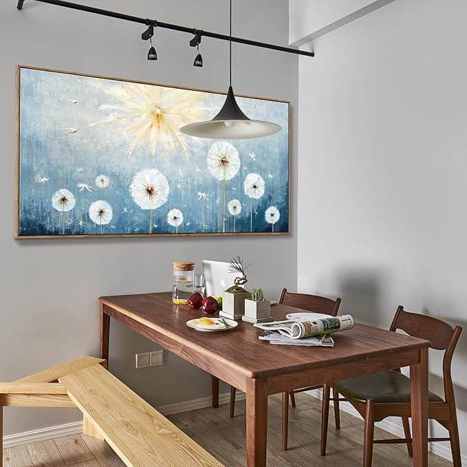 Nicetop Extra Large Framed Artwork for Walls– Giant Blue Floral Wall Picture with Wood Frame Dandelion Flower Plant Canvas Print Landscape Wall Art for Big Living Room,Office or Bedroom, 58x29Inch