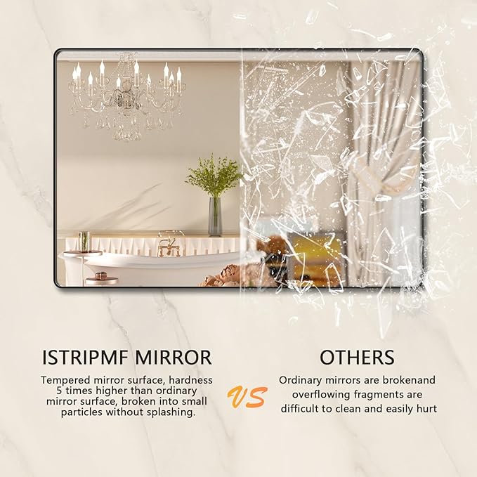 Black Bathroom Vanity Mirror 48x32 Inch,Rounded Rectangle Matte Black Mirror for Wall,Black Matel Frame Mirror for Bathrooom,Farmhouse,Tempered Glass,Horizontal or Vertical