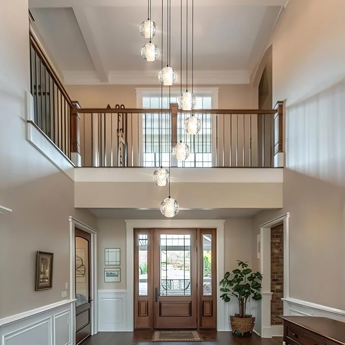 Modern Crystal Chandelier for Staircase 79" Long Black Stairwell Chandelier for Foyer Adjustable High Ceiling Lighting Fixture for Living Room Hallway Entryway Staircase