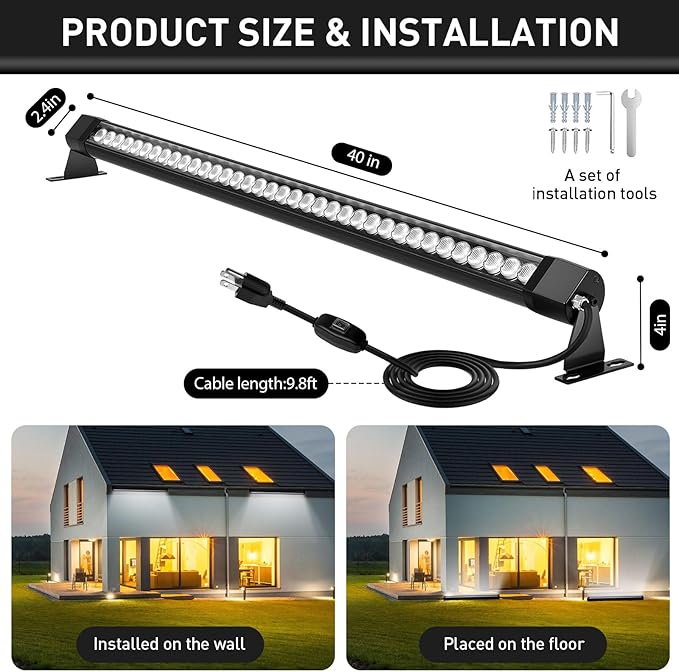 LED Wall Washer Lights Bar 2 Pack,54W 2700K Outdoor Wall Wash Lighting,40 Inch IP67 Waterproof 120V Outdoor LED Light Bar with Switch On/Off for Garden,Backyard,Building,Courtyard Landscape Lighting