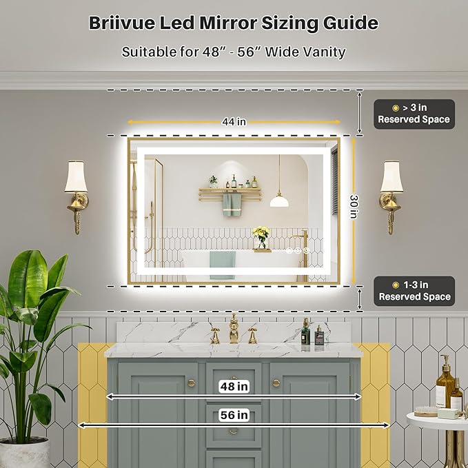 44x30 Inch LED Bathroom Mirror with Gold Frame, Backlit & Front Lit, Anti-Fog Lighted Bathroom Vanity Mirror for Wall, Memory Function, Dimmable, HD Tempered Glass, Shatter-Proof