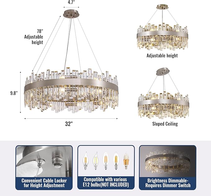 Modern Dining Room Crystal Chandelier, 16-Light Chrome Silver Round Chandelier, 31.5-inch K9 Crystal Raindrop Ceiling Light, Luxury Flush Mount Light Fixture for Kitchen Living Room Entryway