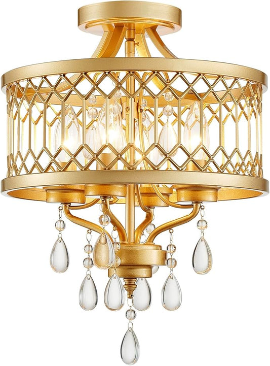Crystal Ceiling Light Fixture, Farmhouse Semi Flush Mount Ceiling Light, Gold Crystal Chandeliers for Dining Room Light Fixture, Hallway Lighting Fixtures for Kitchen Bedroom Bathroom Foyer Entryway