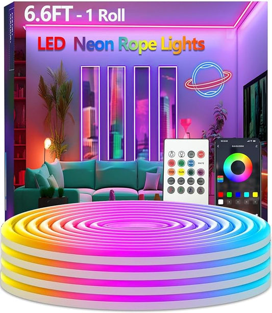 6.6FT Neon Rope Lights,Flexible Led Light Control with App/Remote,Multiple Modes,IP67 Outdoor Waterproof,Music Sync Strip for Bedroom
