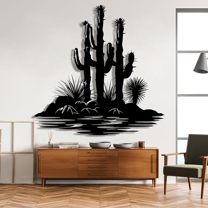 Lunwall Metal Cactus Wall Art, Hanging Sculpture, Wall Mount, Modern, Indoor/Outdoor, 19 L" x 19 W" / 47 x 47 cm