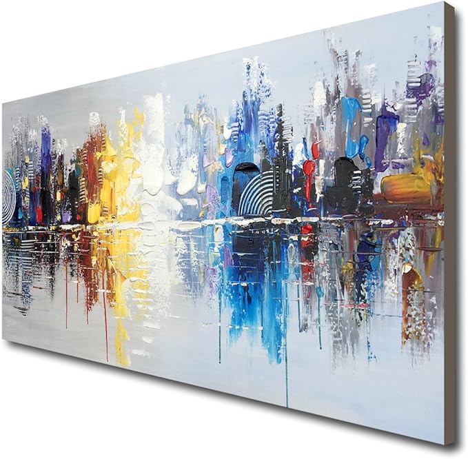 Large Hand Painted Abstract Reflection Cityscape Canvas Wall Art Modern Oil Painting Contemporary Decor Artwork (60 x 30 inch)