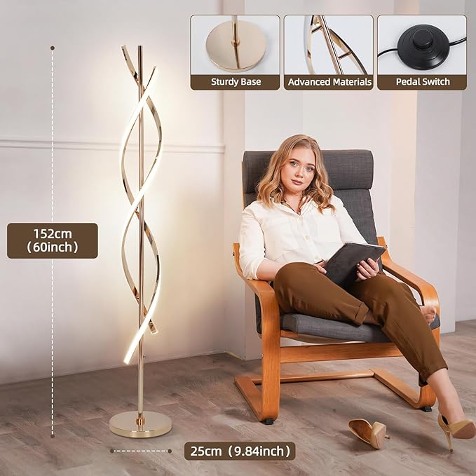 LED Modern Floor Lamp for Living Room, 40W 3 Colors Stepless Dimmable and Color-Changing Bright Floor Standing Lamp,60" Unique Spiral Floor Tall Lamp for Bedroom Office with Remote,Gold