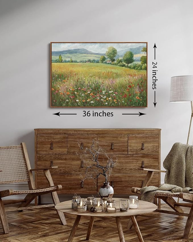 KISSFOX Vintage Landscape Canvas Wall Art Spring Farmhouse Colorful Wildflower Field Framed Wall Art Natural Countryside Cottagecore Paintings Artwork Rustic Art Prints For Bedroom Living Room