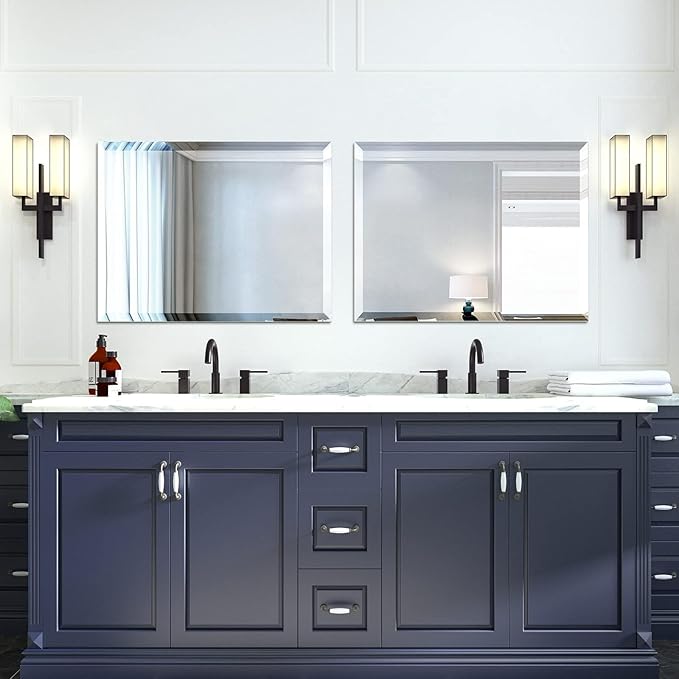 Mirrorons Beveled Mirror, Wall Mirror 40" x 32", Frameless Rectangle Bathroom Vanity Mirror with Beveled Edge, Hangs Horizontally or Vertically. Upgraded Shatterproof
