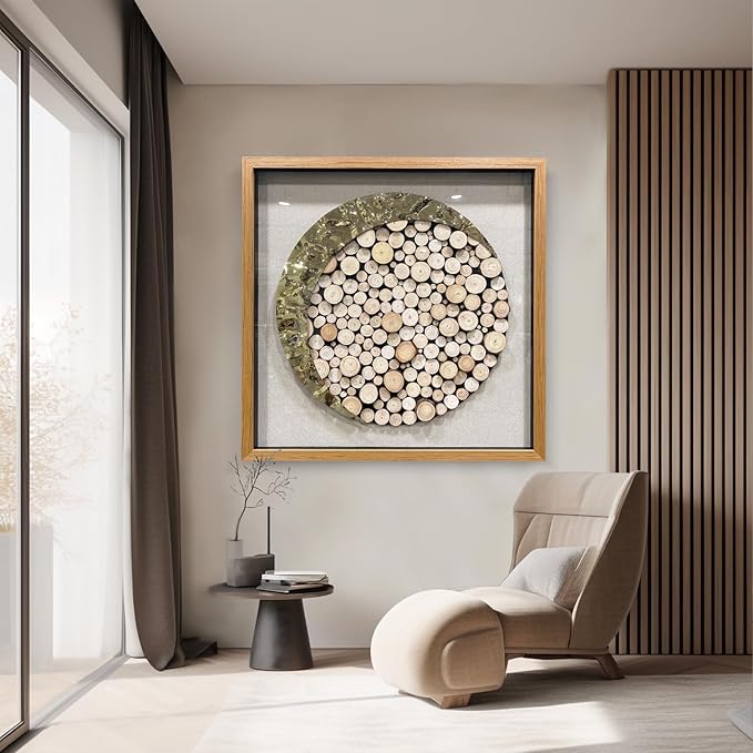 BrightA 3D Square Framed Nature Art - Gold Patina Metal Meets Circular Solid Wood Block Texture, Minimalist Contrast Wall Decor for Calming Spaces 43.3"x43.3"