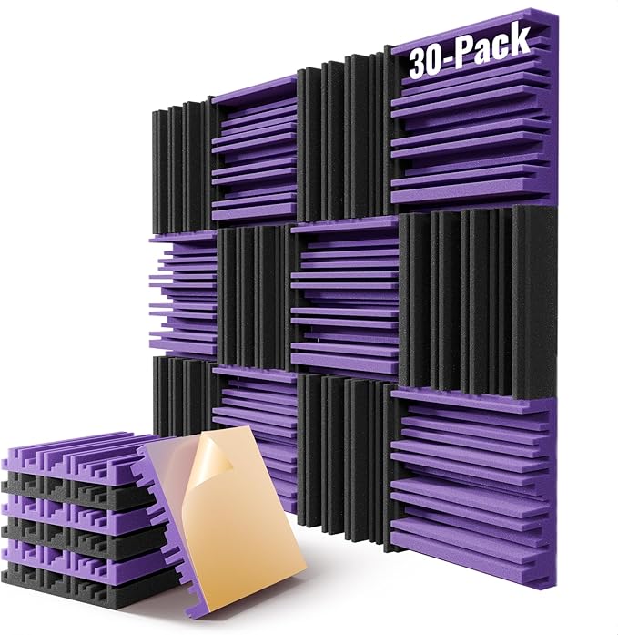 30 Pack Sound Proof Foam Panels for Wall,12" X 12" X 2" Self-Adhesive Acoustic Foam Panels,High Resilience Soundproof Wall Panels,Sound Absorbing Panels for Home Studios, Offices - Black & Purple