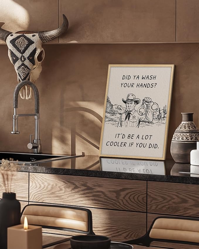 ARPEOTCY Small Framed Canvas Wall Art, 12x16in, Vintage Cowboy Bathroom Art (Did You Wash Your Hands), Western Room Wall Decor for Kitchen Laundry Shelf, Country Retro Artwork