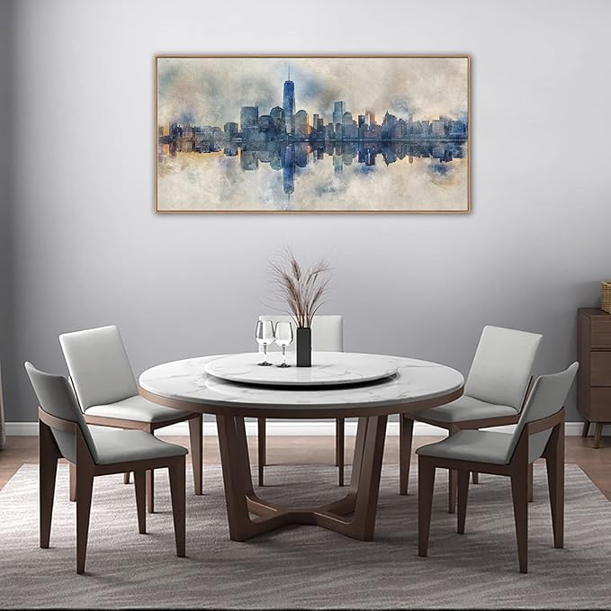 NYC Framed Canvas Wall Art Abstract Painting Wall Decor Indigo Blue Gray Panoramic Art Print New York Skyline Reflection Pictures Artwork Modern City Landscape Living Room Bedroom Decoration 24" x 48"