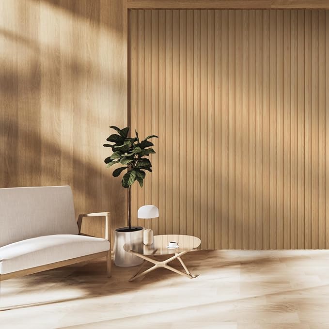 OUZUGIE WPC Acoustic Slat Wall Paneling, 8-Pack 114 x 6 Inches 3D Wall Panels for Interior Wall Decor,Living Room,TV Background,Study Room,Office Spaces,Bedroom,High Grille (Oak)