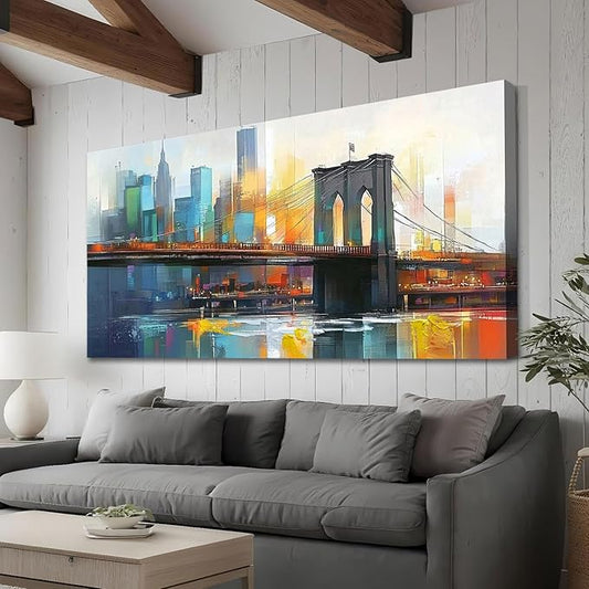 Arjun Cityscape Wall Art New York City Canvas for Living Room Painting Brooklyn Bridge Manhattan Bedroom Wall Art for Men Modern Picture Artwork Framed Home Office Wall Decor, Extra Large 58"x29"