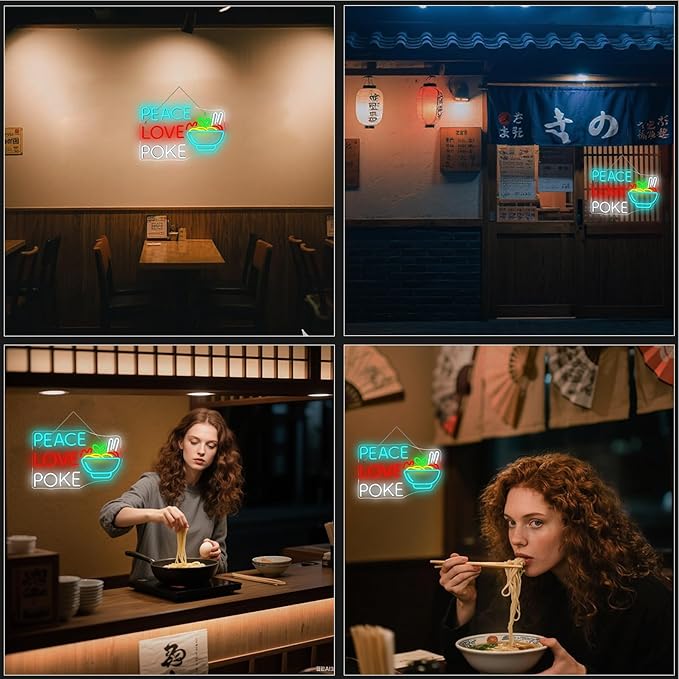Looklight Peace Love Poke Ramen Neon Sign,Noodles Led Lights Neon Lights for Wall Decor Light Up Signs for Restaurant Kitchen Dinning Room Japanese Noodle Shop