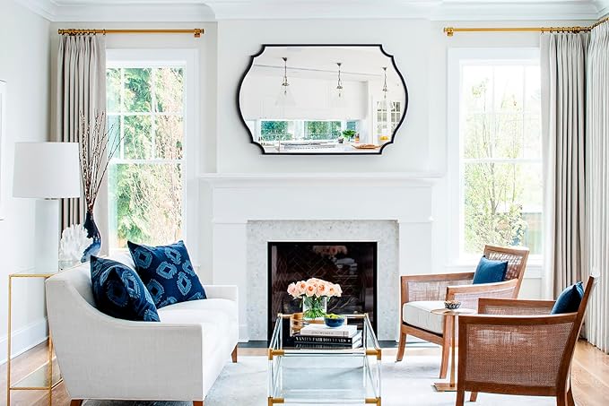 Chende Large Black Wall Mirror, 44''X32'' Modern Living Room Mirrors for Wall Decor, Rectangle Scalloped Mirror with Metal Frame for Bathroom Vanity, Dining Room, Entryway, Mantel, Fireplace