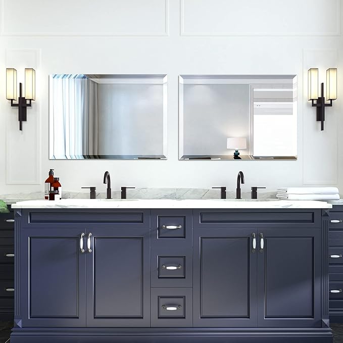 Mirrorons Beveled Mirror, Bathroom Mirrors for Wall 40" x 30", Frameless Rectangle Bathroom Mirror with Beveled Edge, Hangs Horizontally or Vertically, Upgraded Packing