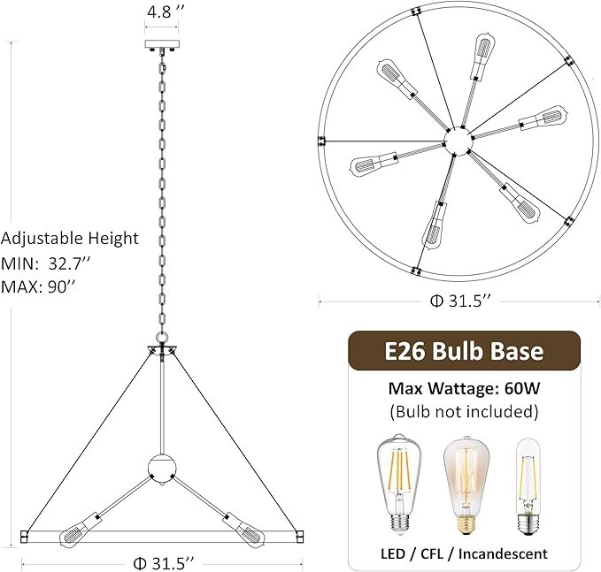 31.5'' Farmhouse Chandeliers for Dining Room, Rustic Wagon Wheel Chandelier for Entryway, Sputnik Light Fixture for Breakfast Area Stairwell Bedroom Foyer, Vintage Rust and Black Finishe