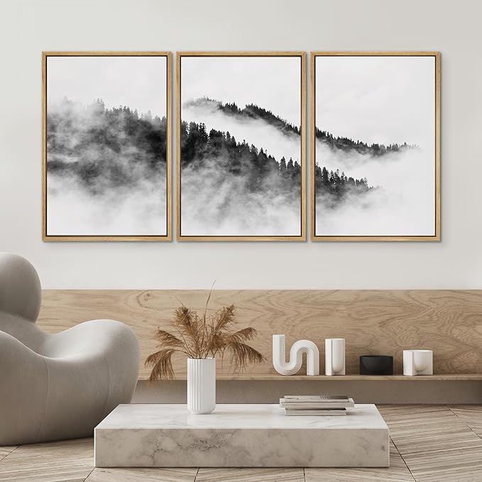 SIGNWIN Framed Canvas Print Wall Art Set Black & White Mountain Forest Valley Nature Wilderness Photography Modern Art Rustic Landscape Relax/Calm for Living Room, Bedroom, Office - 24"x36"x3 Natural