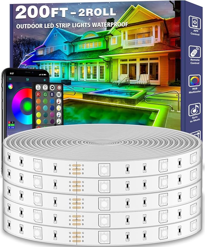 200ft Outdoor LED Strip Lights Waterproof,IP68 Outside Led Light Strips Waterproof with App and Remote,Music Sync RGB Exterior Led Rope Lights with Self Adhesive Back for Roof,Deck